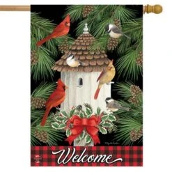 Holiday Bird Gathering House Flag Welcome Birdhouse Plaid 28"x40" Briarwood Lane