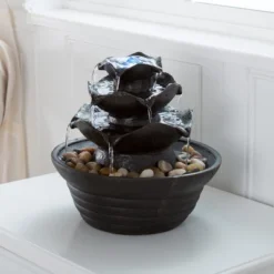 Nature Spring 3-Tier Indoor Water Fountain With LED Lights And Rocks - 8.75" X 10"