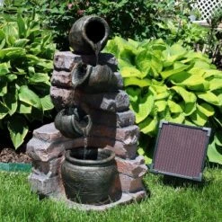 Sunnydaze Decor Sunnydaze Outdoor Polyresin Crumbling Bricks And Pots Solar Cascading Water Fountain With LED Lights And Battery Backup - 27"