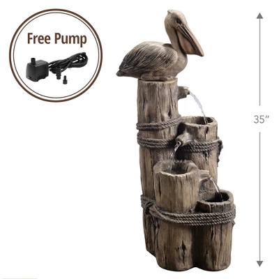 Teamson Home Outdoor Tiered Pelican And Wooden Post Waterfall Fountain, Brown 2 Teamson Home Outdoor Tiered Pelican And Wooden Post Waterfall Fountain, Brown - Image 2