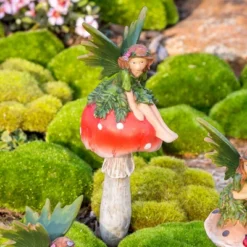 Evergreen Fairy On Mushrooms Garden Stakes