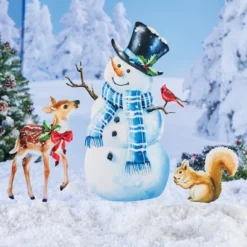 Collections Etc Plaid Scarf Snowman And Friends Lawn Stake Set - Set Of 3