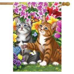 Garden Kittens Spring House Flag Cats Floral 28" X 40" Briarwood Lane