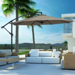 Tangkula 10FT Patio Offset Umbrella 8 Ribs Cantilever Umbrella W/Crank For Poolside Garden