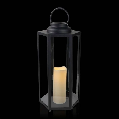 18" Hexagonal Candlelit Iron Lantern With LED Lights Black/Warm White - Alpine Corporation 5 18" Hexagonal Candlelit Iron Lantern With LED Lights Black/Warm White - Alpine Corporation - Image 5