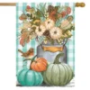 Pastel Pumpkins Fall House Flag Checkered Floral Autumn 28" X 40" Briarwood Lane