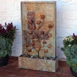 Sunnydaze Decor Sunnydaze 32"H Electric Slate And Metal Climbing Vines Outdoor Water Fountain With LED Light