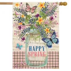 Happy Spring Mason Jar Floral House Flag Primitive 28" X 40" Briarwood Lane