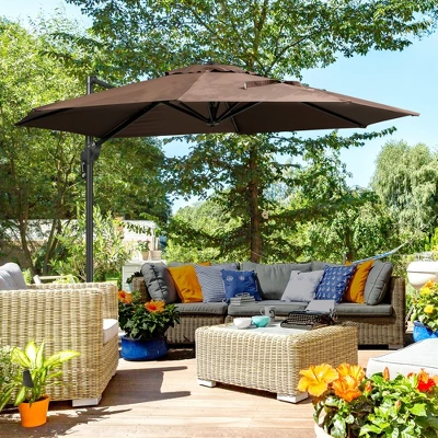Outsunny 9.8' Offset Patio Umbrella With Base, Steel Aluminum Cantilever Umbrella With 360-degree Rotation, Tilt, 8 Ribs, Crank, Cross Base, Coffee 2 Outsunny 9.8' Offset Patio Umbrella With Base, Steel Aluminum Cantilever Umbrella With 360-degree Rotation, Tilt, 8 Ribs, Crank, Cross Base, Coffee - Image 2