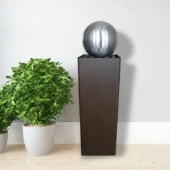 37" Indoor/Outdoor Metal Orb Fountain With River Rock Stones Dark Brown/Silver - Alpine Corporation