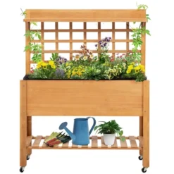 Outsunny 41'' Raised Garden Bed Mobile Elevated Wooden Planter Box Stand With Wheels, Trellis And Storage Shelf, Brown -Northlight Shop GUEST d7413eda c4b9 4635 b734 82e6a86b314c