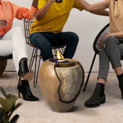 Teamson Home Outdoor 22 Inch Water Fountain Pot With Fire Pit And Fire Glass, Brown