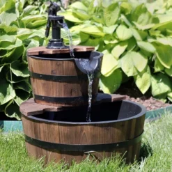 Sunnydaze Decor Sunnydaze 23"H Electric Fir Wood 2-Tier Farmhouse Barrel With Metal Decorative Hand Pump Outdoor Water Fountain