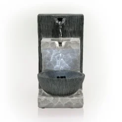 14" Modern Cascading Tabletop Fountain With LED Lights Gray - Alpine Corporation