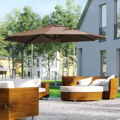 Outsunny 9.8' Offset Patio Umbrella With Base, Steel Aluminum Cantilever Umbrella With 360-degree Rotation, Tilt, 8 Ribs, Crank, Cross Base, Coffee