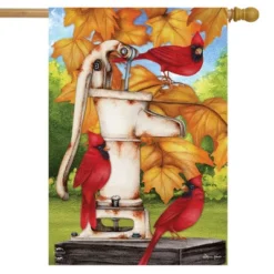 Water Pump And Cardinals Fall House Flag Autumn Leaves 28" X 40" Briarwood Lane
